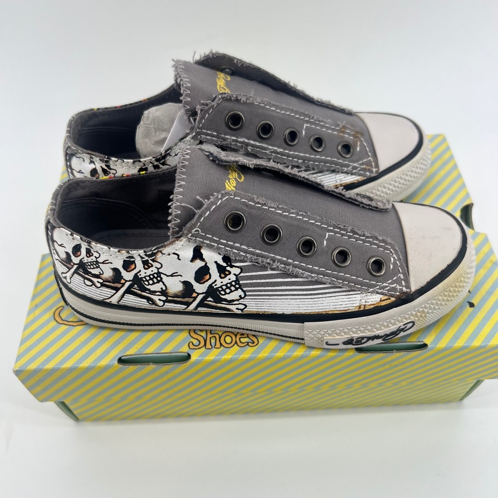Y2K 2009 Ed Hardy Kids Lowrise 100 Shoes Skull Flame‎ Slip On Size 1 READ